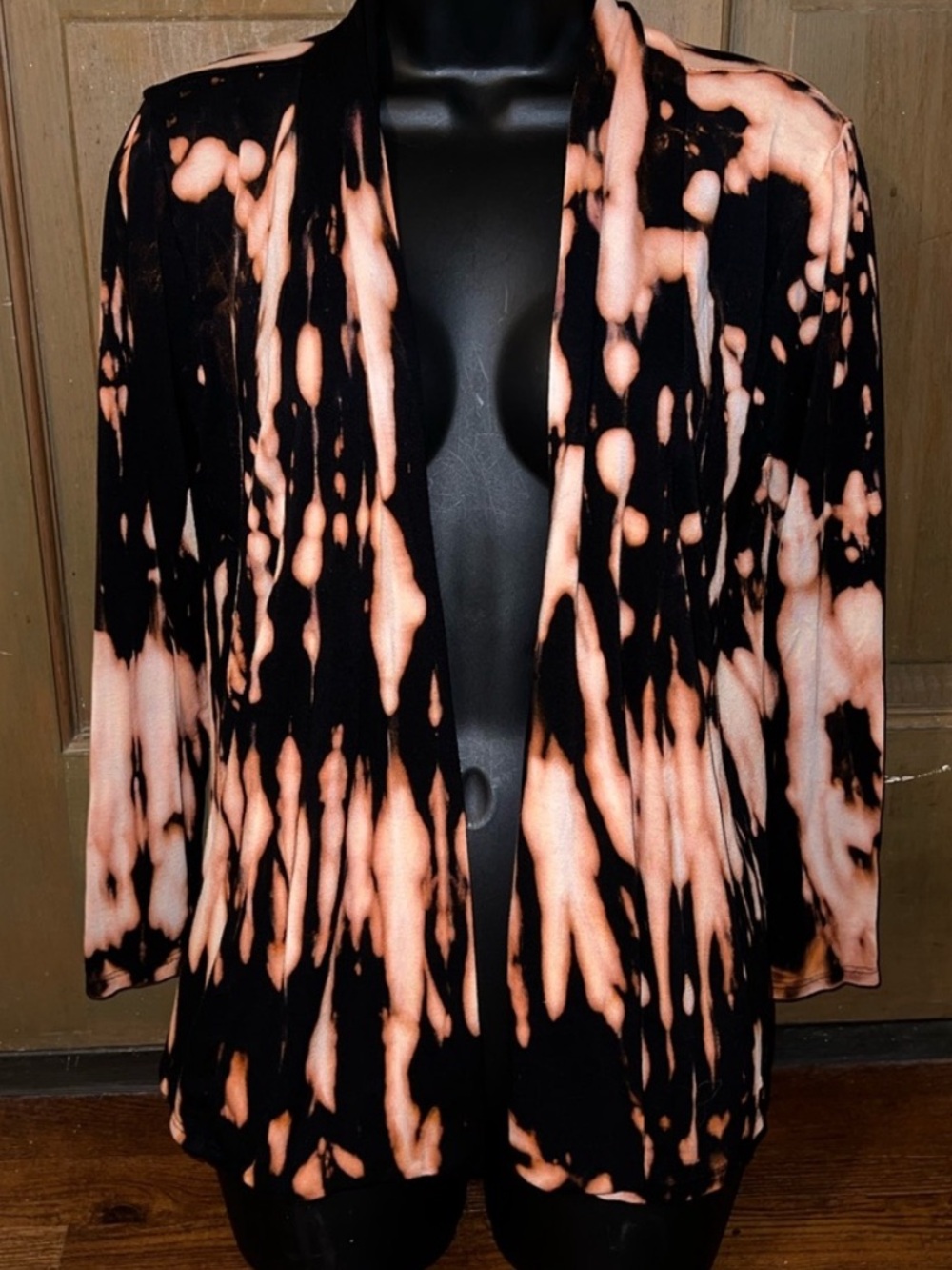 JKLA Black Bleach Tie Dye Draped Open Front Stretch Lightweight Cardigan Size M - Picture 1 of 8